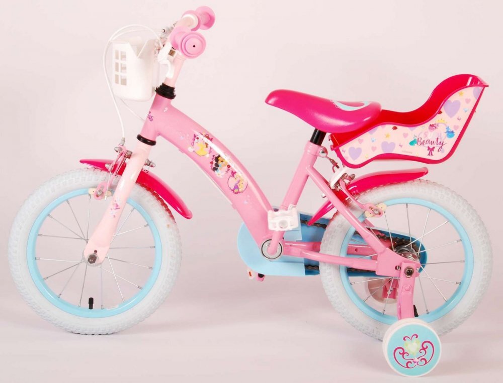 EandL Cycles Bicicleta pentru copii EL Disney Princess 14 inch Pink frana de mana pe ambele roti scaun si ghidon reglabil suport pentru papusi cosulet pe ghidon roti gonflabile