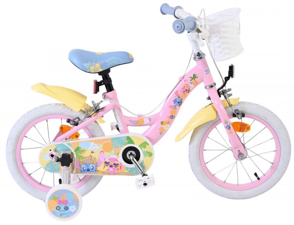 EandL Cycles Bicicleta pentru copii EL Disney Stitch Girls 14 inch frana de mana pe ambele roti scaun si ghidon reglabil spite metalice roti gonflabile stopuri reflectorizante