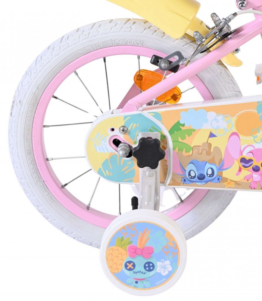 EandL Cycles Bicicleta pentru copii EL Disney Stitch Girls 14 inch frana de mana pe ambele roti scaun si ghidon reglabil spite metalice roti gonflabile stopuri reflectorizante