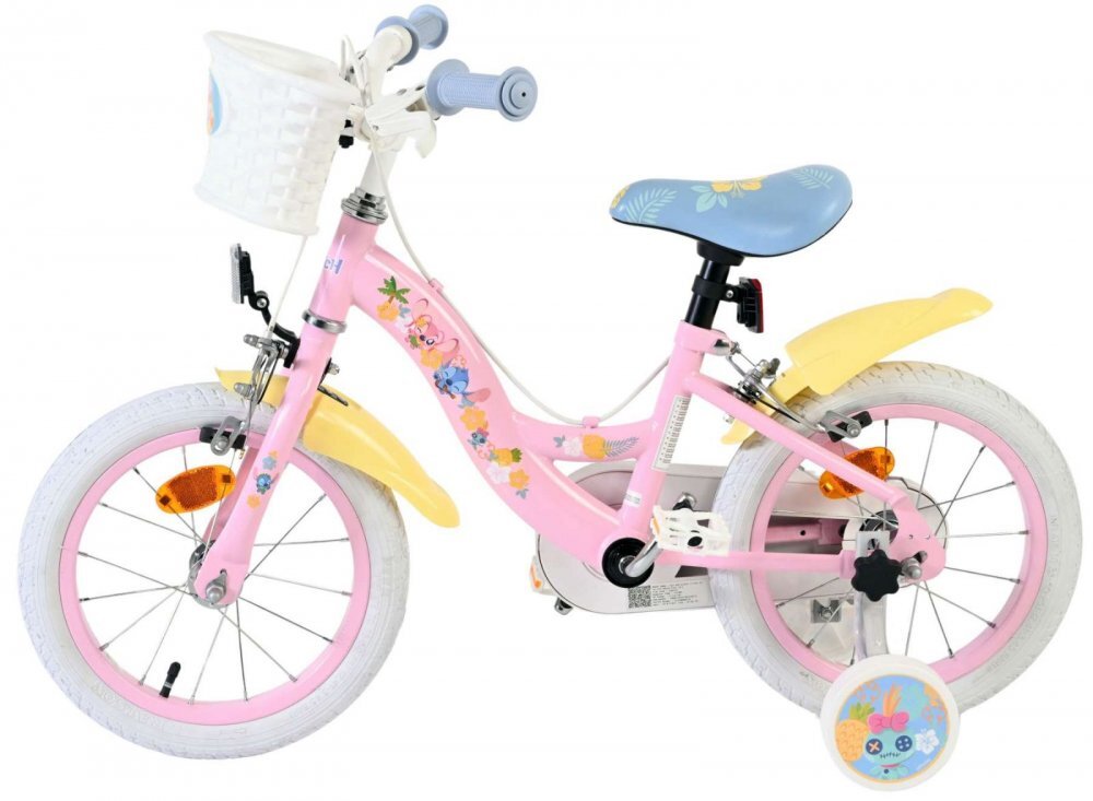 EandL Cycles Bicicleta pentru copii EL Disney Stitch Girls 14 inch frana de mana pe ambele roti scaun si ghidon reglabil spite metalice roti gonflabile stopuri reflectorizante