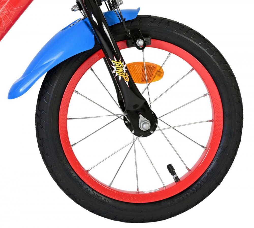 EandL Cycles Bicicleta pentru copii EL Spiderman 14 inch frana de mana pe roata fata scaun si ghidon reglabil spite metalice roti gonflabile stopuri reflectorizante