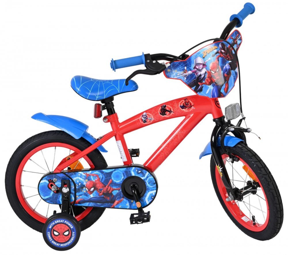 EandL Cycles Bicicleta pentru copii EL Spiderman 14 inch frana de mana pe roata fata scaun si ghidon reglabil spite metalice roti gonflabile stopuri reflectorizante