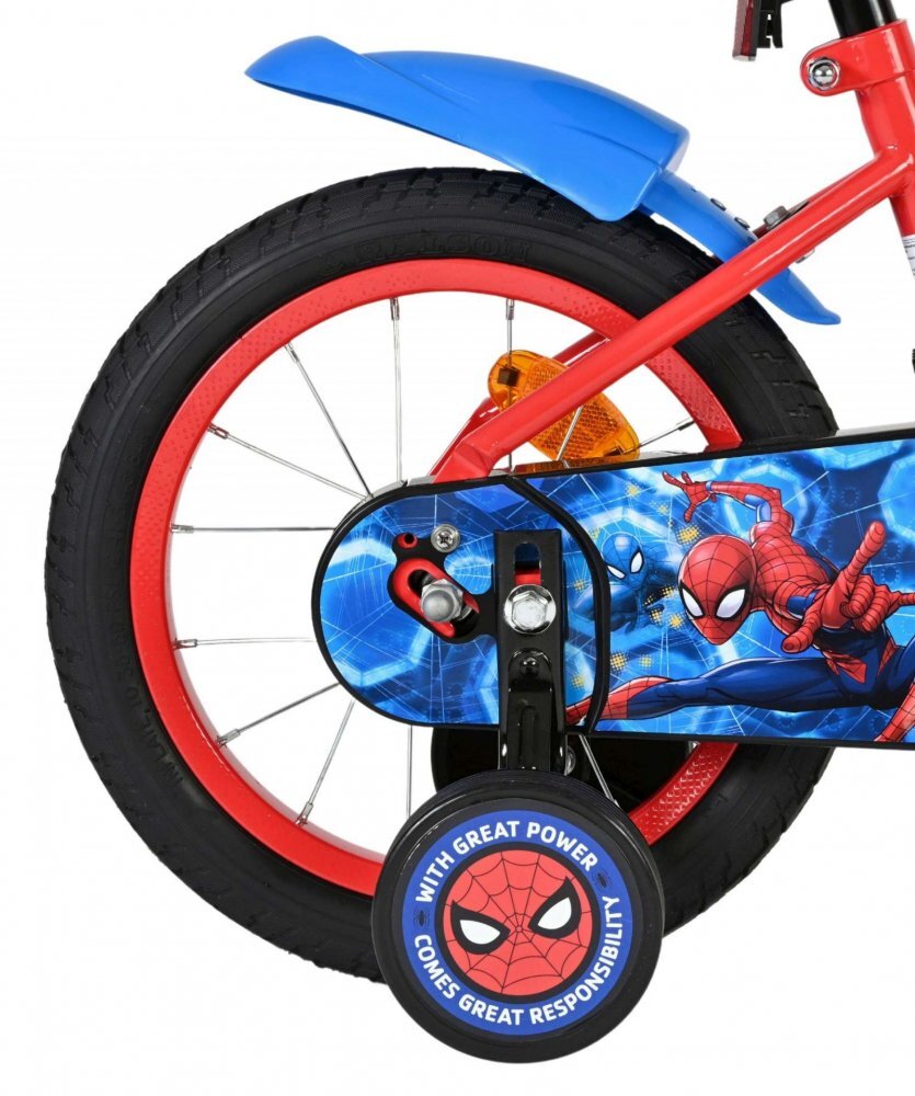 EandL Cycles Bicicleta pentru copii EL Spiderman 14 inch frana de mana pe roata fata scaun si ghidon reglabil spite metalice roti gonflabile stopuri reflectorizante