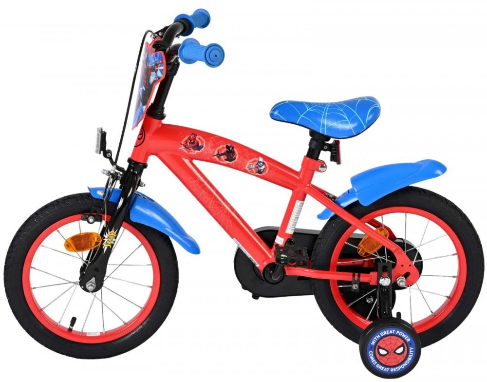 EandL Cycles Bicicleta pentru copii EL Spiderman 14 inch frana de mana pe roata fata scaun si ghidon reglabil spite metalice roti gonflabile stopuri reflectorizante