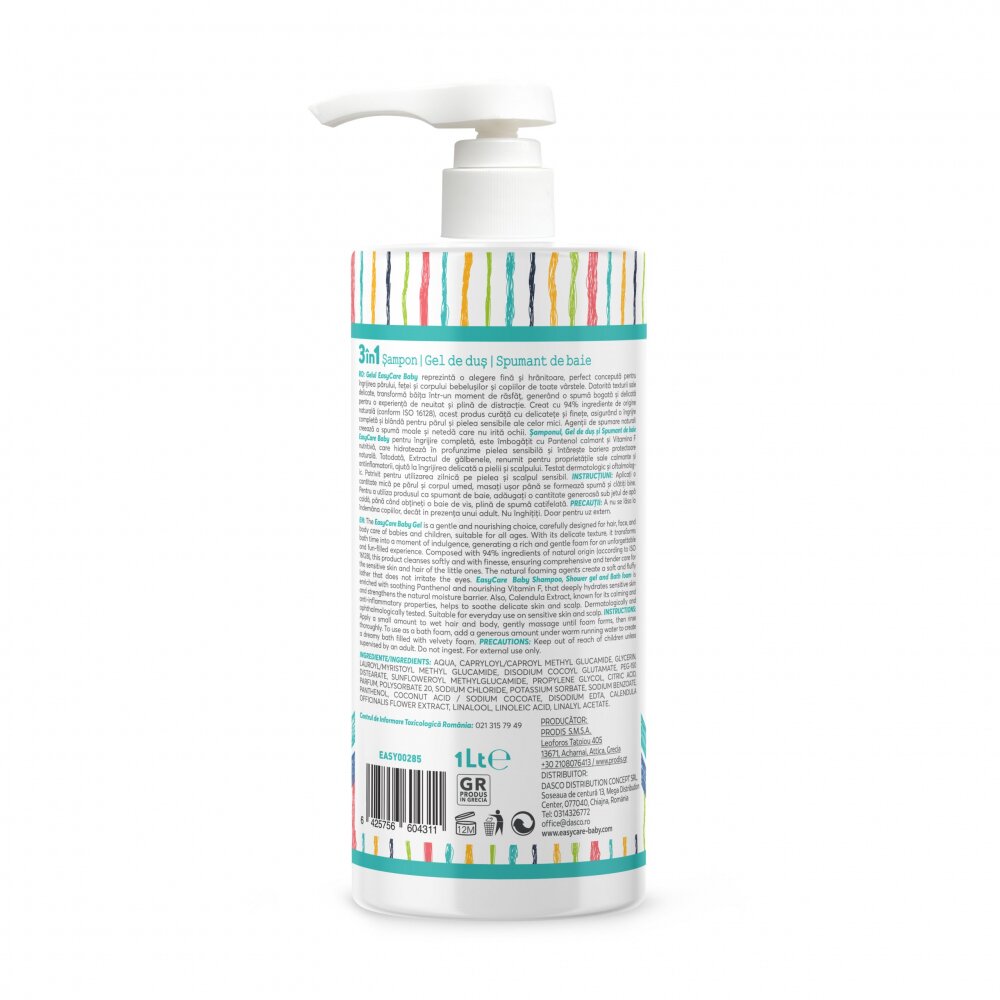 EASYCARE BABY Sampon gel de dus spuma de baie pentru bebelusi si copii Bubble Gum 1L 3 in 1