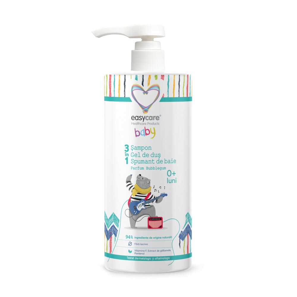 EASYCARE BABY Sampon gel de dus spuma de baie pentru bebelusi si copii Bubble Gum 1L 3 in 1
