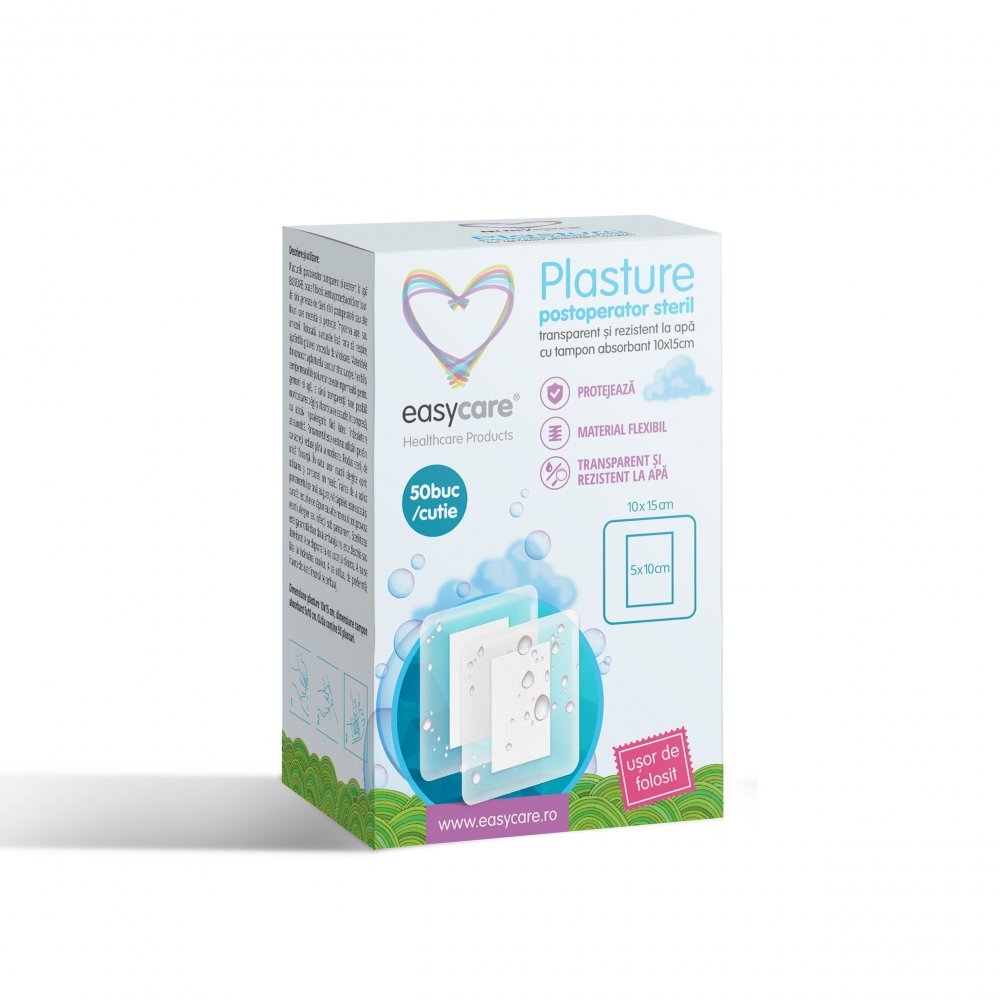 EASYCARE Plasture postoperator rezistent la apa si transparent 10x15cm 50 buccut
