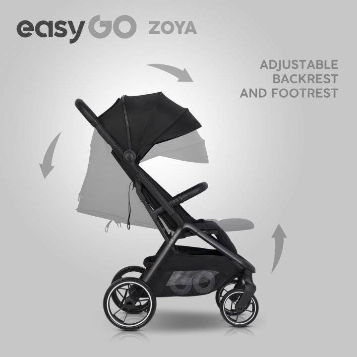 easyGO Carucior 2 in 1 pentru copii Easy Go Zoya Ebony cu pliere automata Dual Fold pana la 22 kg copertina XXL pozitie de somn si spatar inalt