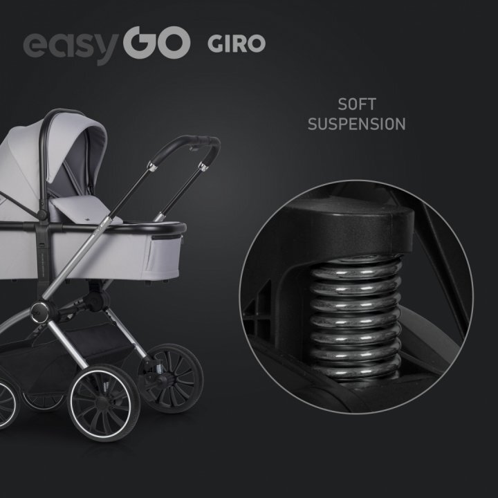 easyGO Carucior pentru copii 2 in 1 Easy Go Giro pana la 22 kg cu landou 80 cm Maner telescopic copertina XXL pliere tip pendul cadru ultra-usor din aluminiu accesorii incluse Cloud Grey