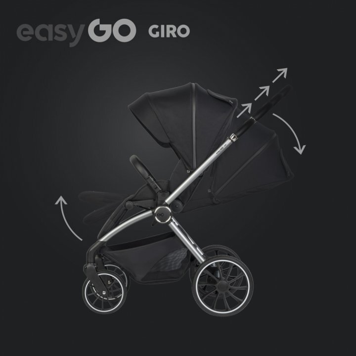 easyGO Carucior pentru copii 2 in 1 Easy Go Giro pana la 22 kg cu landou 80 cm Maner telescopic copertina XXL pliere tip pendul cadru ultra-usor din aluminiu accesorii incluse Ebony Black