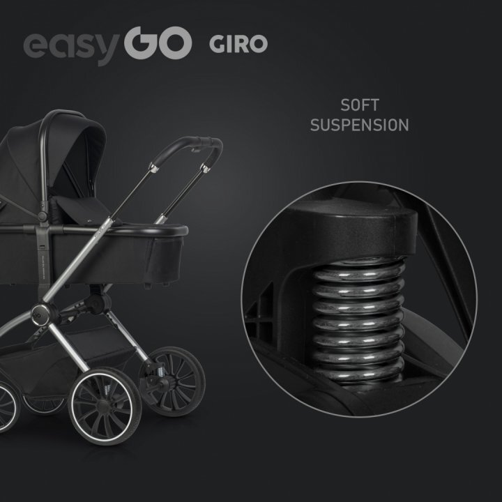 easyGO Carucior pentru copii 2 in 1 Easy Go Giro pana la 22 kg cu landou 80 cm Maner telescopic copertina XXL pliere tip pendul cadru ultra-usor din aluminiu accesorii incluse Ebony Black