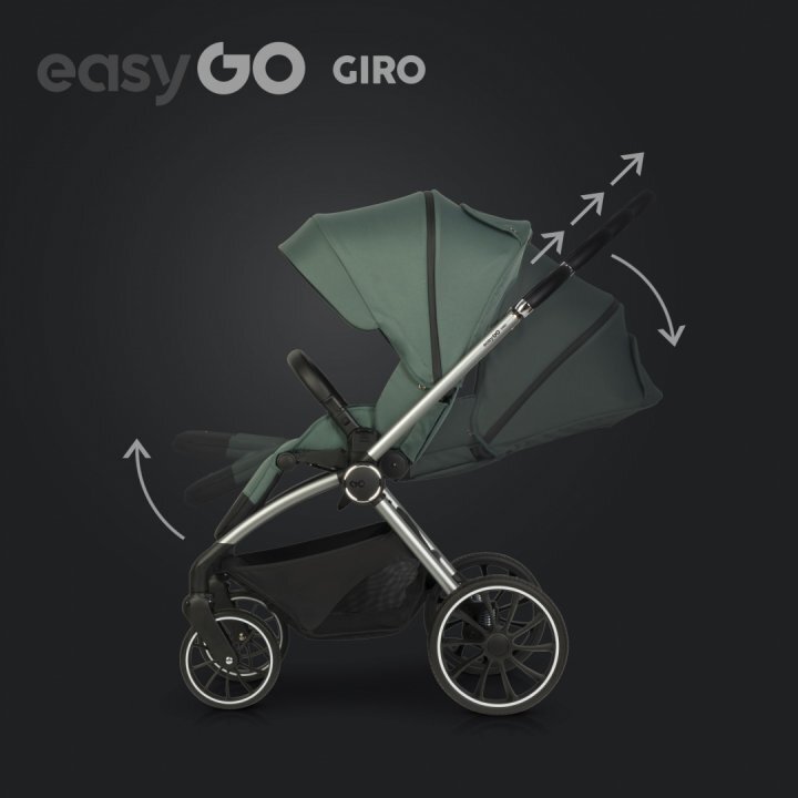 easyGO Carucior pentru copii 2 in 1 Easy Go Giro pana la 22 kg cu landou 80 cm Maner telescopic copertina XXL pliere tip pendul cadru ultra-usor din aluminiu accesorii incluse Sage Green