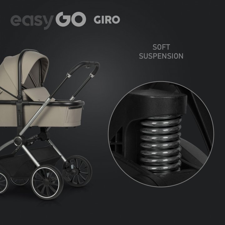 easyGO Carucior pentru copii 2 in 1 Easy Go Giro pana la 22 kg cu landou 80 cm Maner telescopic copertina XXL pliere tip pendul cadru ultra-usor din aluminiu accesorii incluseSavana Beige