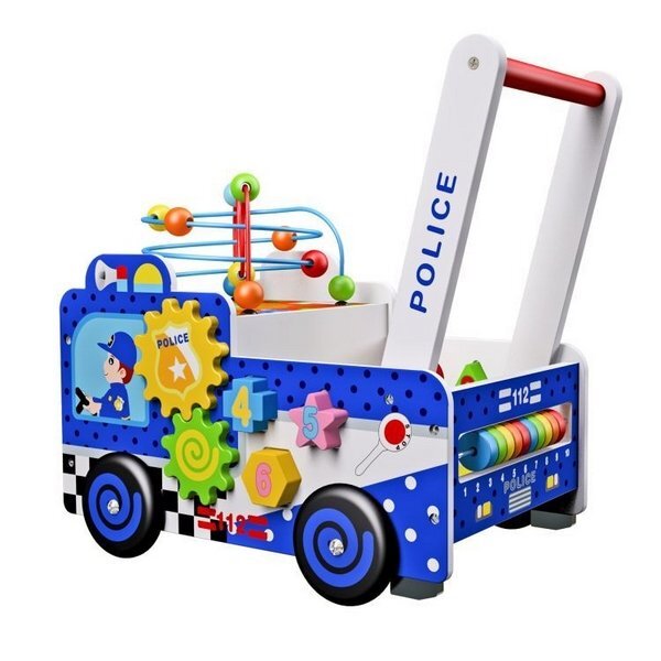 Ecotoys Antepremergator educational din lemn masina de politie multicolor