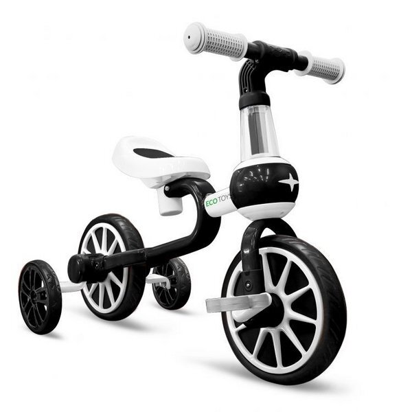 Ecotoys Bicicleta copii cu roti ajutatoare LC-V1311 alb cu negru de la 2 ani pana la 20 kg inaltime ajustabila sa 33-36cm poate fi folosita in 4 configuratii