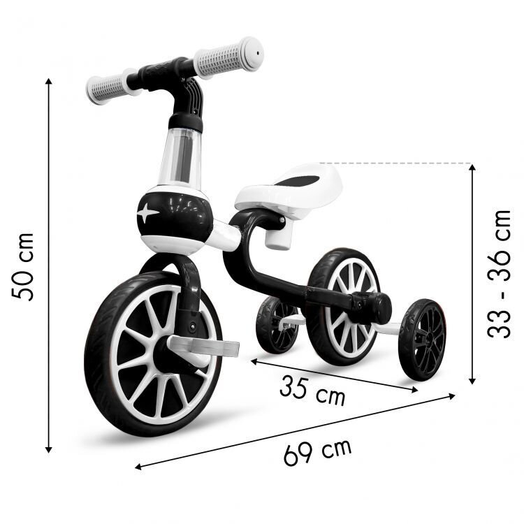 Ecotoys Bicicleta copii cu roti ajutatoare LC-V1311 alb cu negru de la 2 ani pana la 20 kg inaltime ajustabila sa 33-36cm poate fi folosita in 4 configuratii