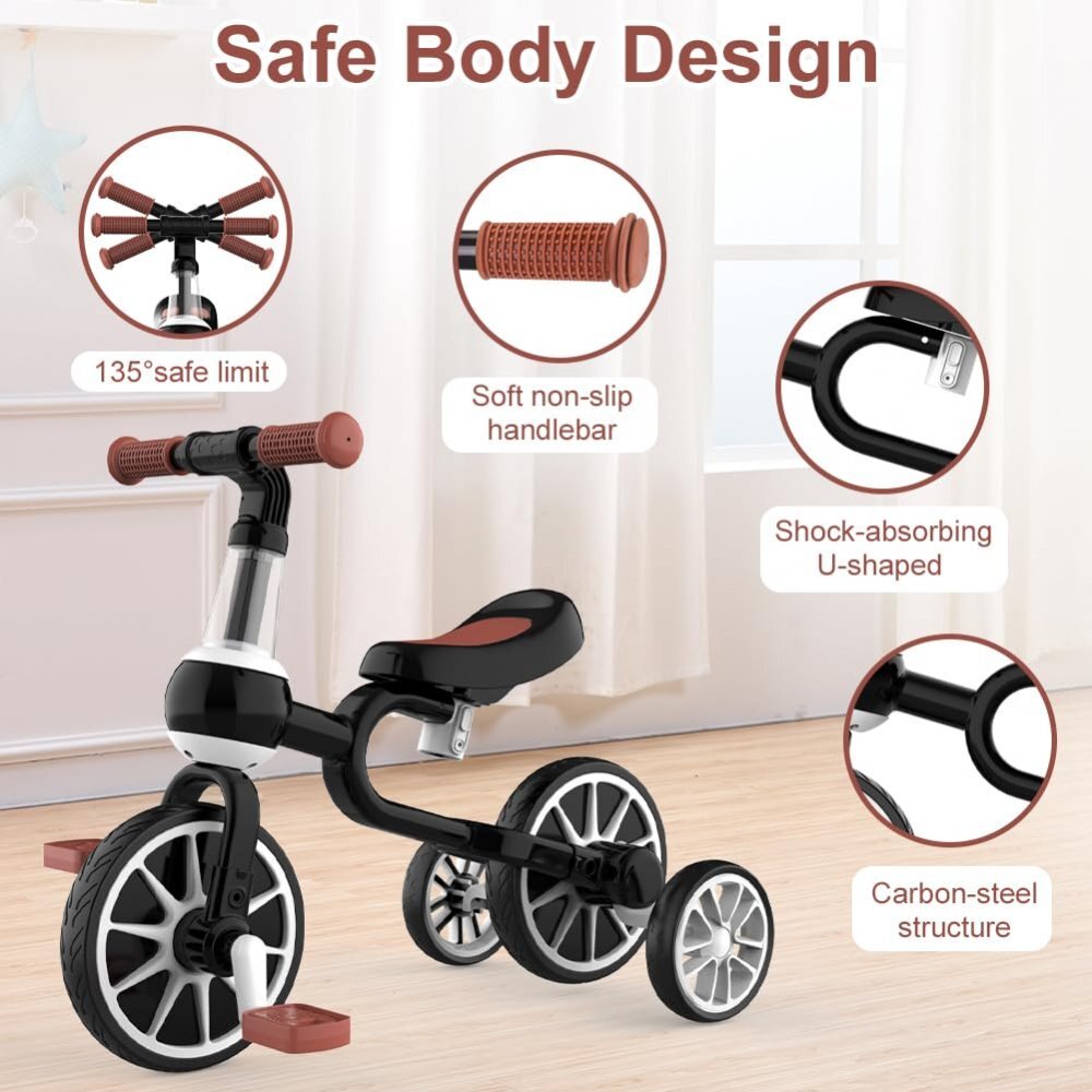 Ecotoys Bicicleta copii cu roti ajutatoare LC-V1311 alb cu negru de la 2 ani pana la 20 kg inaltime ajustabila sa 33-36cm poate fi folosita in 4 configuratii
