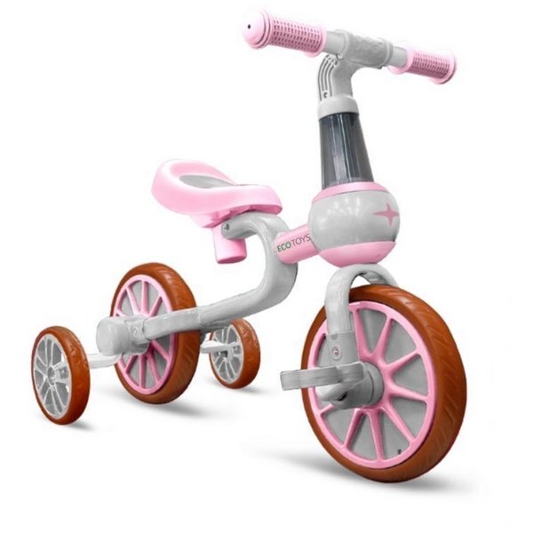 Ecotoys Bicicleta copii cu roti ajutatoare LC-V1311 roz de la 2 ani pana la 20 kg inaltime ajustabila sa 33-36cm poate fi folosita in 4 configuratii