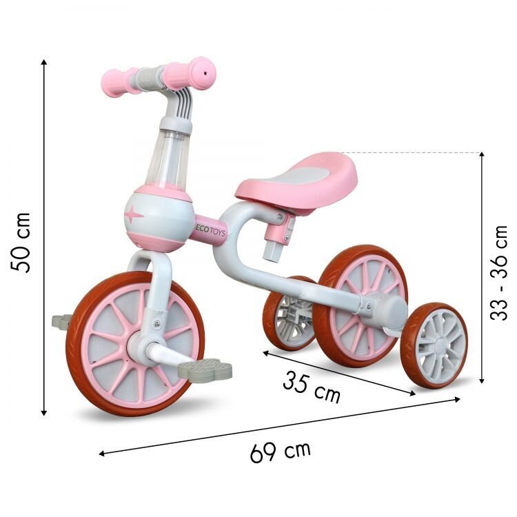 Ecotoys Bicicleta copii cu roti ajutatoare LC-V1311 roz de la 2 ani pana la 20 kg inaltime ajustabila sa 33-36cm poate fi folosita in 4 configuratii