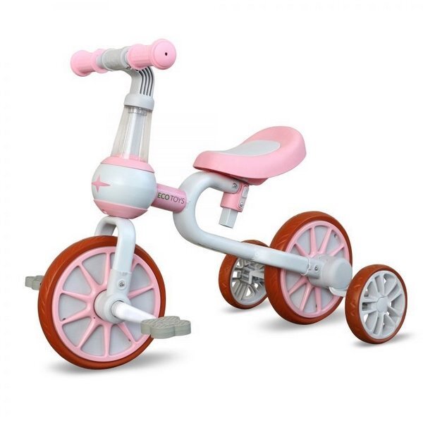 Ecotoys Bicicleta copii cu roti ajutatoare LC-V1311 roz de la 2 ani pana la 20 kg inaltime ajustabila sa 33-36cm poate fi folosita in 4 configuratii