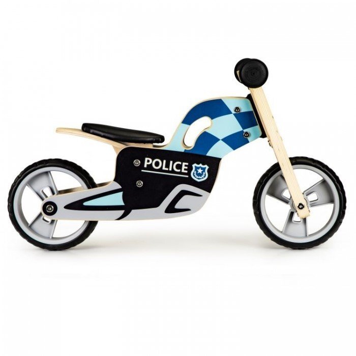 Ecotoys Bicicleta copii din lemn fara pedale LC-V1330 Politie roti cauciuc EVA de la 2 ani pana la 20 kg scaun reglabil pe 3 inaltimi