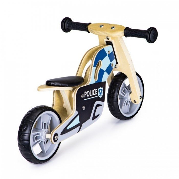 Ecotoys Bicicleta copii din lemn fara pedale LC-V1330 Politie roti cauciuc EVA de la 2 ani pana la 20 kg scaun reglabil pe 3 inaltimi