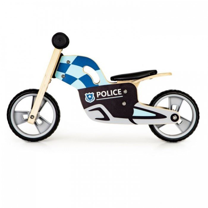 Ecotoys Bicicleta copii din lemn fara pedale LC-V1330 Politie roti cauciuc EVA de la 2 ani pana la 20 kg scaun reglabil pe 3 inaltimi
