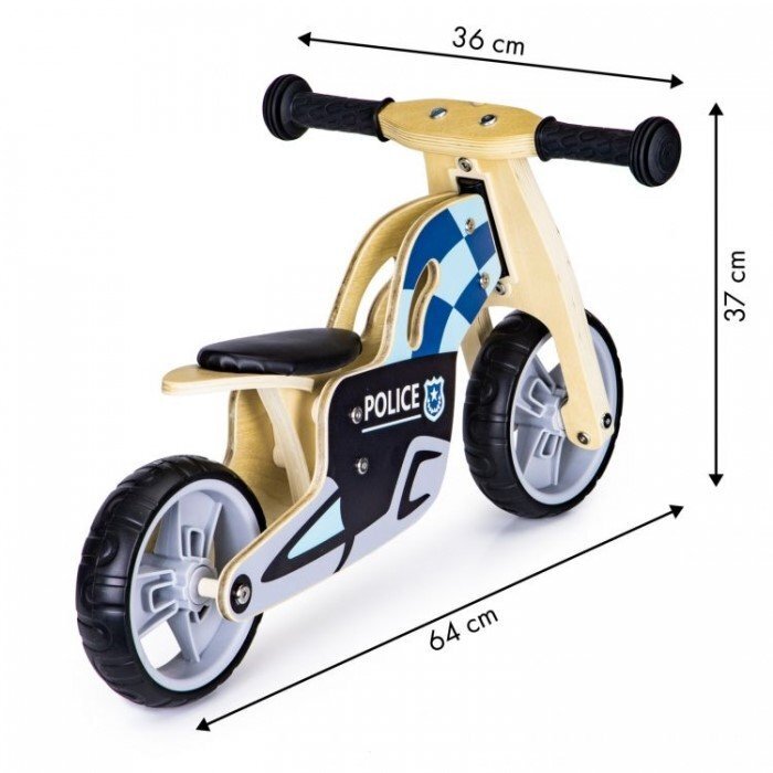 Ecotoys Bicicleta copii din lemn fara pedale LC-V1330 Politie roti cauciuc EVA de la 2 ani pana la 20 kg scaun reglabil pe 3 inaltimi