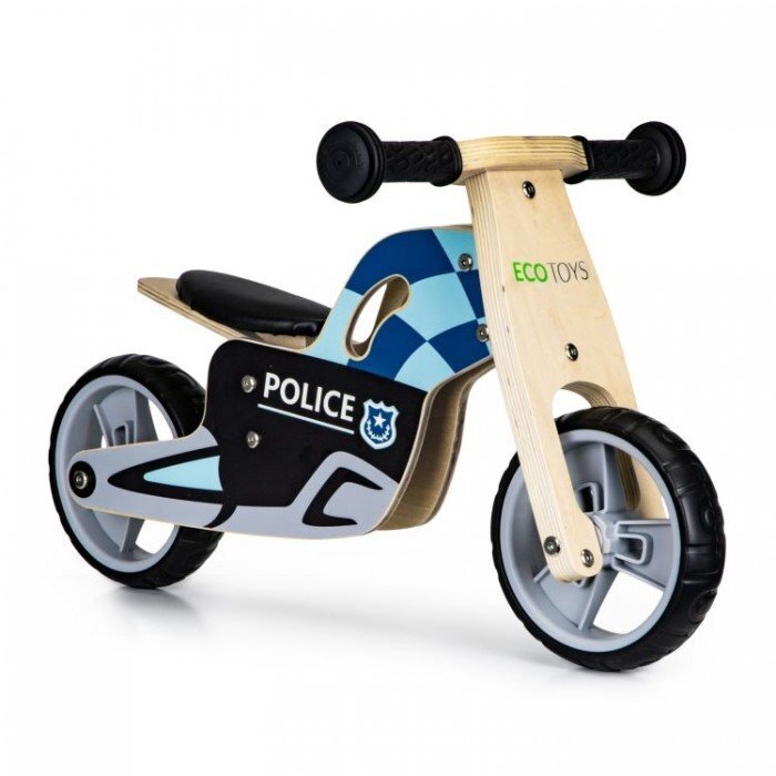 Ecotoys Bicicleta copii din lemn fara pedale LC-V1330 Politie roti cauciuc EVA de la 2 ani pana la 20 kg scaun reglabil pe 3 inaltimi