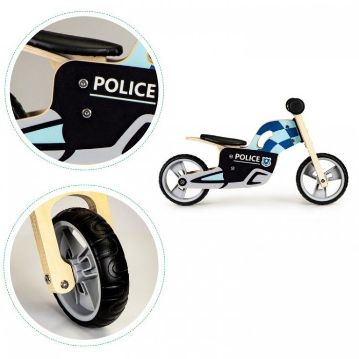 Ecotoys Bicicleta copii din lemn fara pedale LC-V1330 Politie roti cauciuc EVA de la 2 ani pana la 20 kg scaun reglabil pe 3 inaltimi