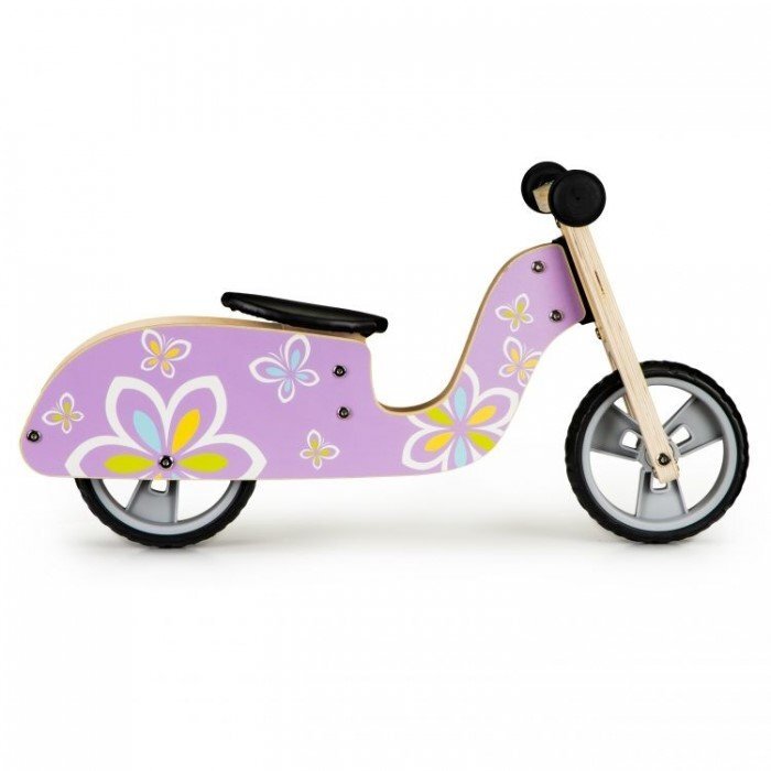 Ecotoys Bicicleta copii din lemn fara pedale LC-V1330 Violet cu fluturasi roti cauciuc EVA de la 2 ani pana la 20 kg scaun reglabil pe 3 inaltimi