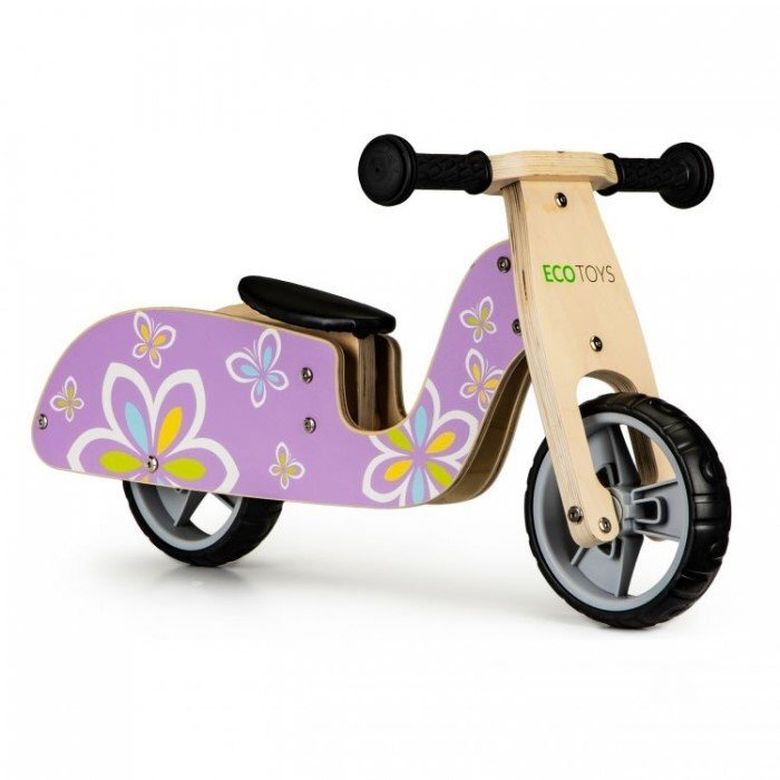 Ecotoys Bicicleta copii din lemn fara pedale LC-V1330 Violet cu fluturasi roti cauciuc EVA de la 2 ani pana la 20 kg scaun reglabil pe 3 inaltimi