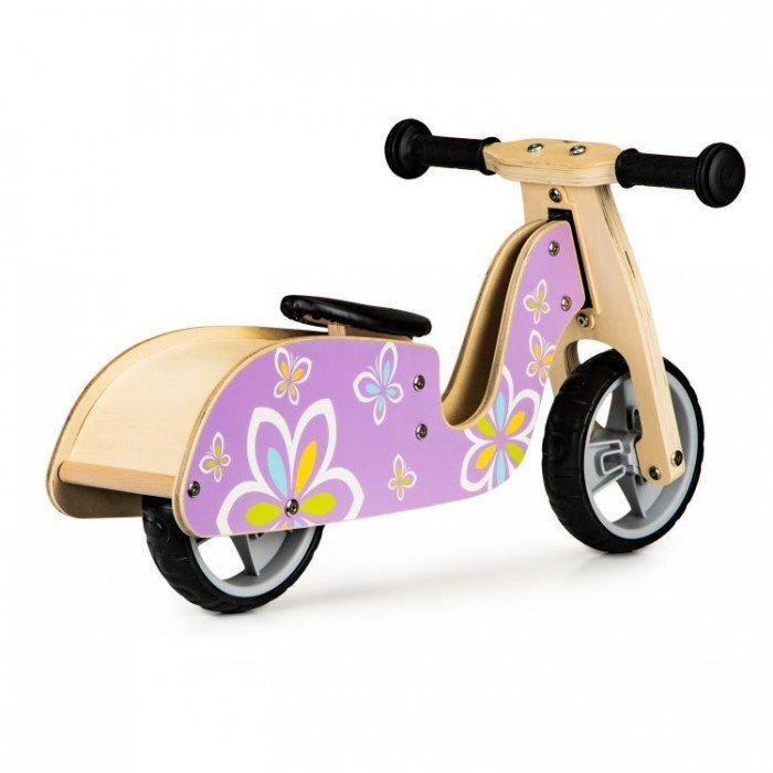 Ecotoys Bicicleta copii din lemn fara pedale LC-V1330 Violet cu fluturasi roti cauciuc EVA de la 2 ani pana la 20 kg scaun reglabil pe 3 inaltimi