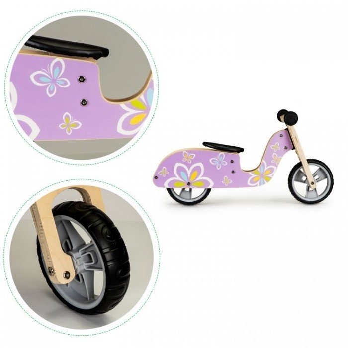 Ecotoys Bicicleta copii din lemn fara pedale LC-V1330 Violet cu fluturasi roti cauciuc EVA de la 2 ani pana la 20 kg scaun reglabil pe 3 inaltimi