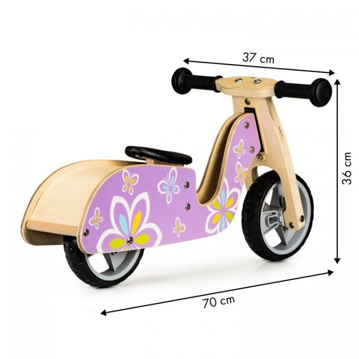 Ecotoys Bicicleta copii din lemn fara pedale LC-V1330 Violet cu fluturasi roti cauciuc EVA de la 2 ani pana la 20 kg scaun reglabil pe 3 inaltimi