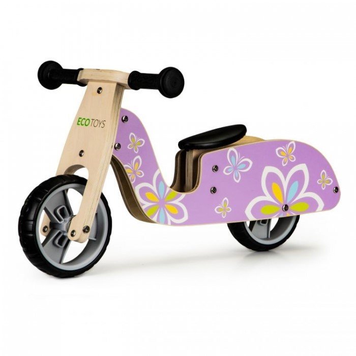Ecotoys Bicicleta copii din lemn fara pedale LC-V1330 Violet cu fluturasi roti cauciuc EVA de la 2 ani pana la 20 kg scaun reglabil pe 3 inaltimi