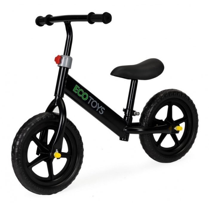 Ecotoys Bicicleta copii fara pedale JM 763 Negru cu roti din spuma eva scaun reglabil pe inaltime 28-38 cm de la sol la sa de la 3 ani
