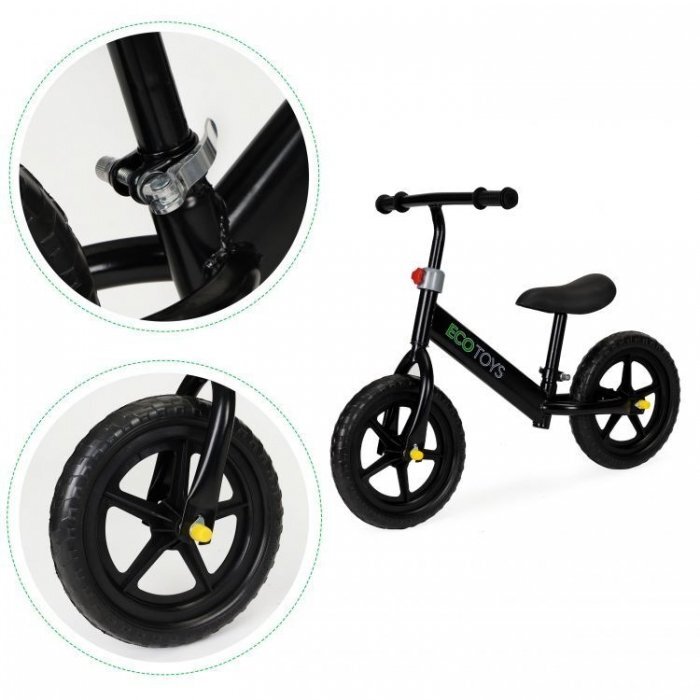 Ecotoys Bicicleta copii fara pedale JM 763 Negru cu roti din spuma eva scaun reglabil pe inaltime 28-38 cm de la sol la sa de la 3 ani