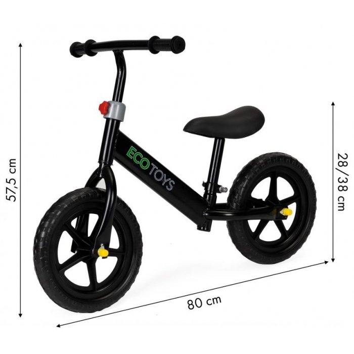 Ecotoys Bicicleta copii fara pedale JM 763 Negru cu roti din spuma eva scaun reglabil pe inaltime 28-38 cm de la sol la sa de la 3 ani