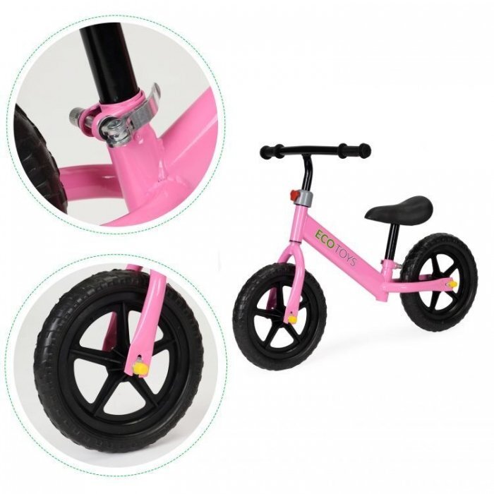 Ecotoys Bicicleta copii fara pedale JM 763 Roz cu roti din spuma eva scaun reglabil pe inaltime 28-38 cm de la sol la sa de la 3 ani