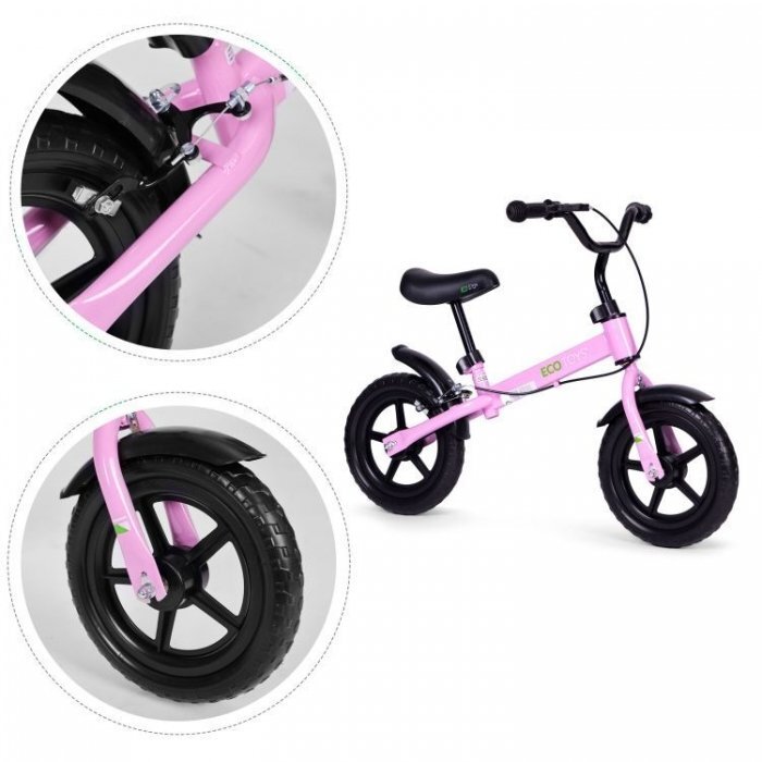 Ecotoys Bicicleta fara pedale cu frana de mana si roti din spuma Eva roz