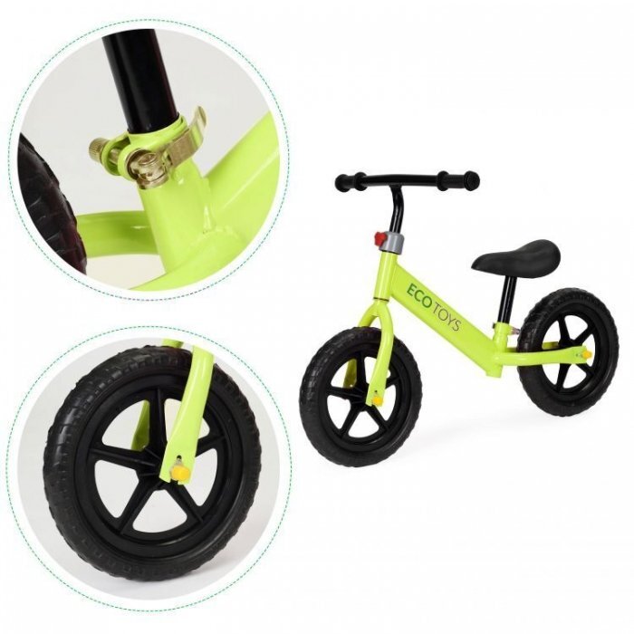 Ecotoys Bicicleta fara pedale JM 763 Verde cu roti din spuma eva scaun reglabil pe inaltime 28-38 cm de la sol la sa recomandata copiilor incepand cu varsta de 3 ani