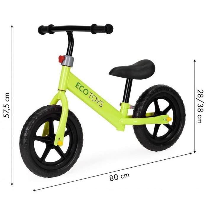 Ecotoys Bicicleta fara pedale JM 763 Verde cu roti din spuma eva scaun reglabil pe inaltime 28-38 cm de la sol la sa recomandata copiilor incepand cu varsta de 3 ani