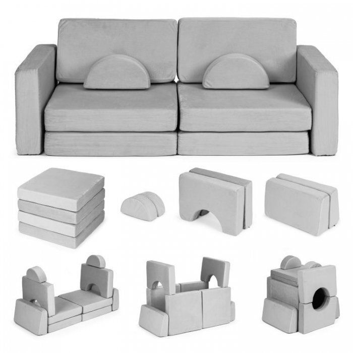 Ecotoys Canapea extensibila modulara pentru copii cu 2 locuri formata din 10 piese gri