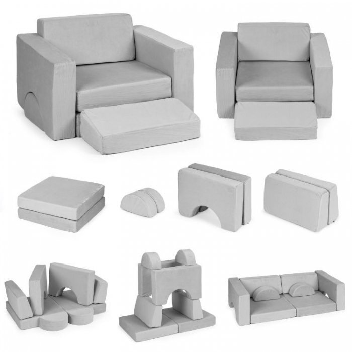 Ecotoys Canapea extensibila modulara pentru copii cu 2 locuri formata din 8 piese gri