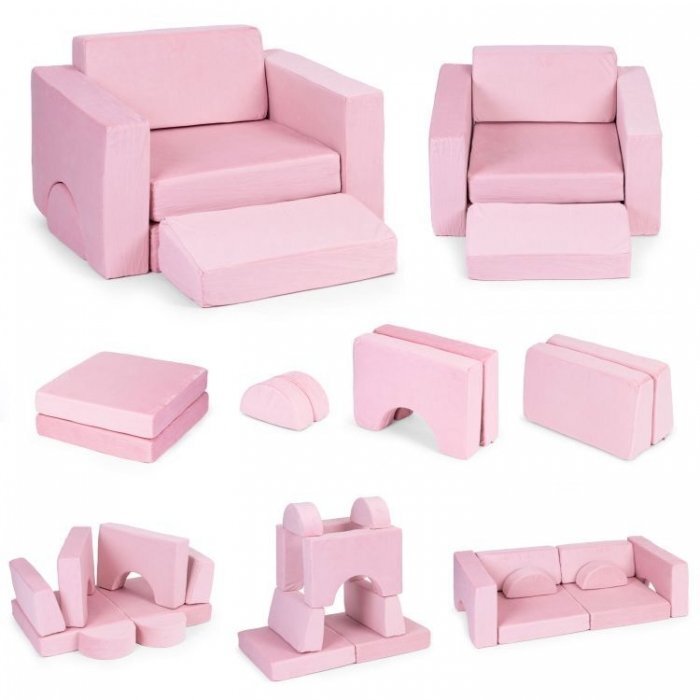 Ecotoys Canapea extensibila modulara pentru copii cu 2 locuri formata din 8 piese roz