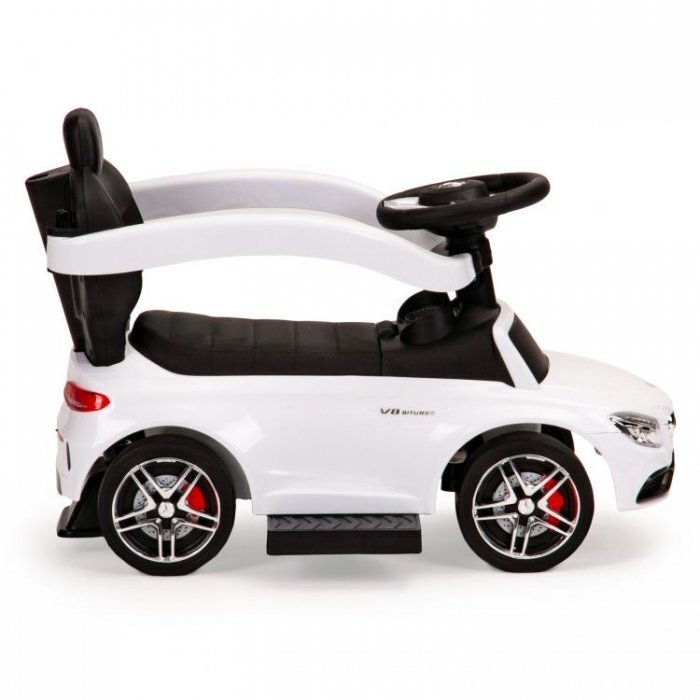 Ecotoys Masinuta pentru copii de impins Mercedes 639 Alb cu maner pentru a putea fi controlata si impinsa de catre parinte bara de protectie detasabila suport pentru picioare volan cu sunete