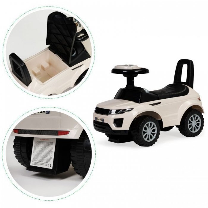 Ecotoys Masinuta pentru copii fara pedale 613W alb spatar cu functie de impingere spatiu pentru depozitarea jucariilor volan cu melodii si claxon potrivita copiilor de la 1 an