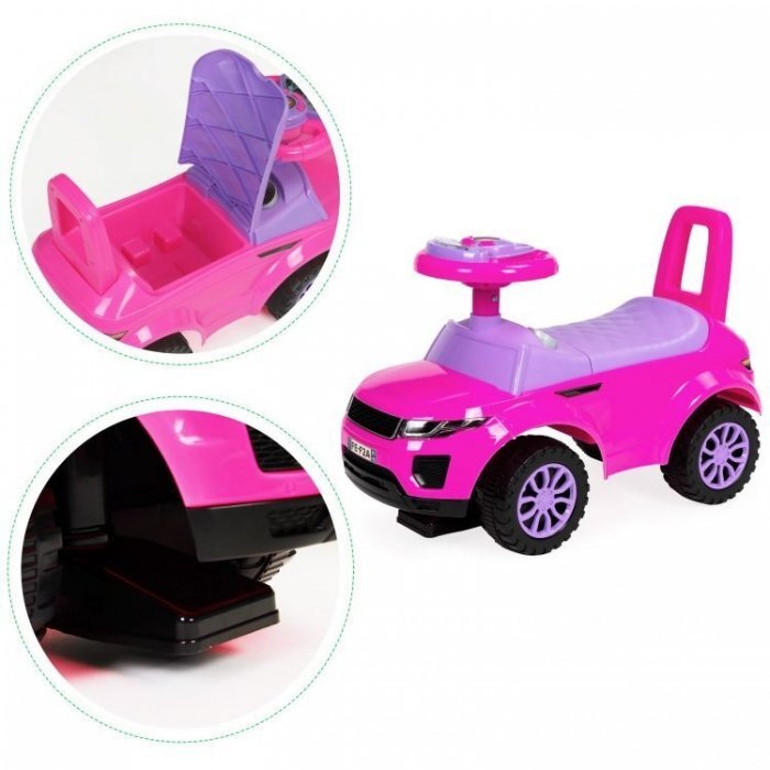 Ecotoys Masinuta pentru copii fara pedale 613W roz spatar cu functie de impingere spatiu pentru depozitarea jucariilor volan cu melodii si claxon potrivita copiilor de la 1 an