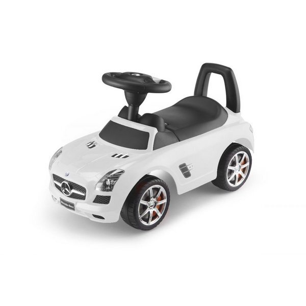 Ecotoys Masinuta pentru copii fara pedale Mercedes Benz SLS AMG alb dotata cu volan interactiv cu melodii si claxon spatiu depozitare sub scaun greutate maxima admisa 23kg